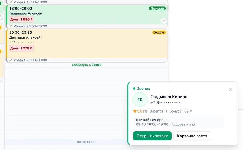 Карточка входящего звонка поверх расписания: «Звонок», имя гостя, оценка 5.0, визитов 1, бонусы 89 ₽, ближайшая бронь 09.10 16:00–19:00 в Кедровом зале, кнопки «Открыть заявку» и «Карточка гостя»