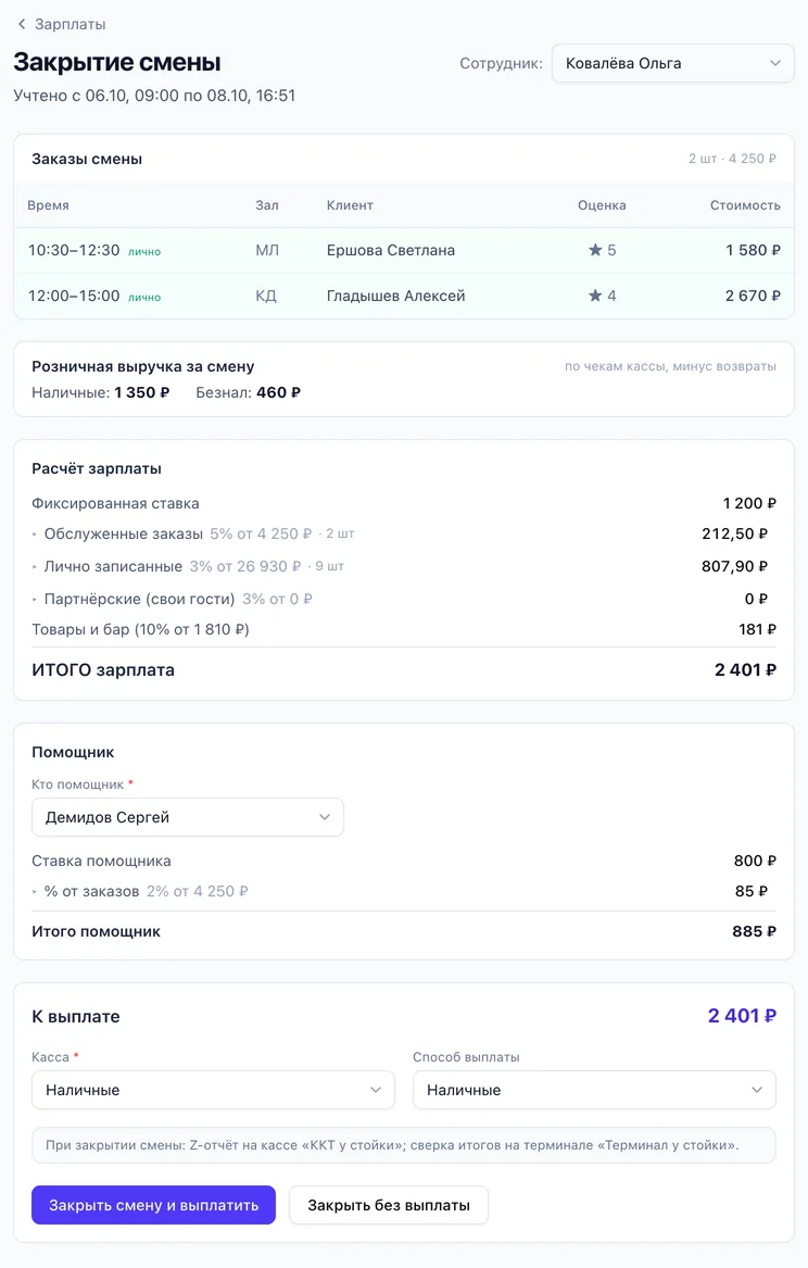 Закрытие смены: два заказа с меткой «лично» и оценками, розничная выручка по чекам кассы, расчёт — ставка 1200 ₽, 5% от заказов, 3% за лично записанных, партнёрские, 10% с бара, итого 2 401 ₽; помощник — ставка 800 ₽ и 2% от заказов, итого 885 ₽; выплата из кассы «Наличные» с Z-отчётом