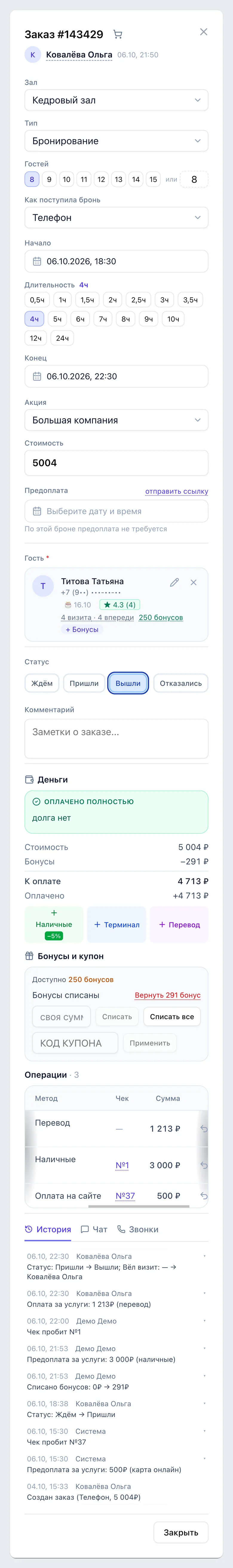 Форма заказа целиком: Кедровый зал, длительность кнопками 4 ч, акция «Большая компания», стоимость 5 004 ₽; гость с днём рождения 16.10, оценкой 4,3 и четырьмя визитами; статус «Вышли»; бонусы −291 ₽, к оплате и оплачено 4 713 ₽ — «Оплачено полностью, долга нет»; операции — перевод 1 213 ₽, наличные 3 000 ₽ на кассе с чеком №1 и оплата на сайте 500 ₽ с чеком №37; история от создания заказа до выхода гостей