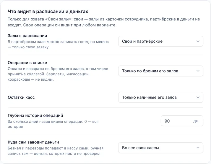 Что видит в расписании и деньгах «Администратор смены»: залы — свои и партнёрские, операции — только по броням его залов, остатки касс — только наличные его залов, история операций за 90 дней, деньги заводит во все свои кассы